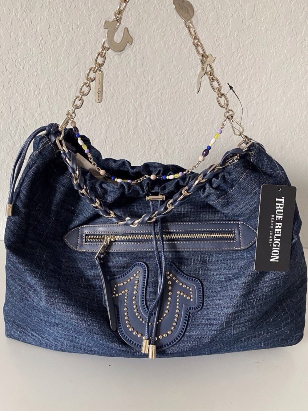 TRUE RELIGION Dark DENIM HORSESHOE CHAIN DANGLE LARGE SHOULDER Hobo BAG Viral